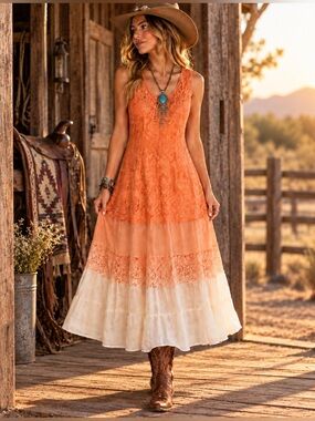 Reba Orange Lace Rhinestone Embellished Boho Maxi Dress L